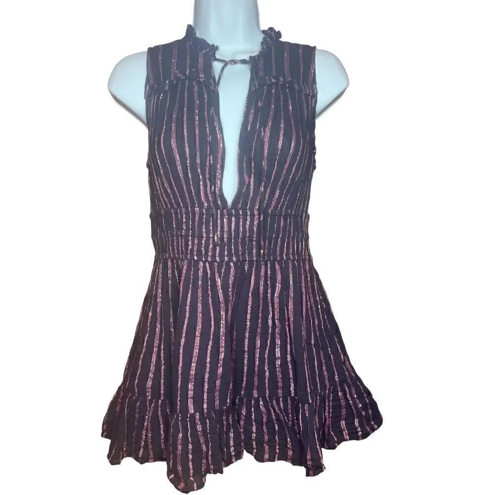 ulla johnson Cotton Blend Stripe Rosalind Chocolate Metallic Sleeveless Dress Si